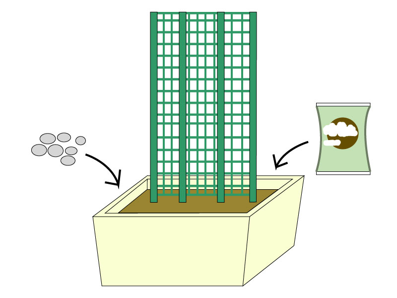 プランターに鉢底石と培養土を入れるイラスト